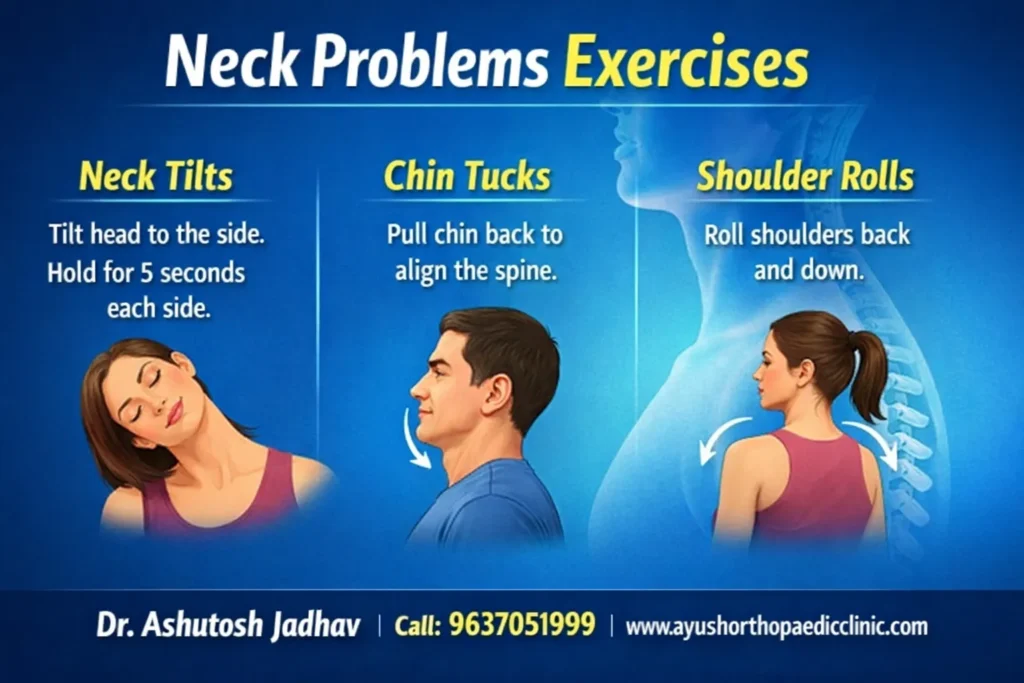Dr. Ashutosh Jadhav's guide to neck problems exercises including neck tilts, chin tucks, and shoulder rolls for pain relief.