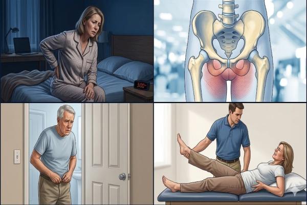 A four-panel collage illustrating slip disc symptoms including night-time back pain, saddle anaesthesia, bladder control issues, and a physical SLR diagnostic test.