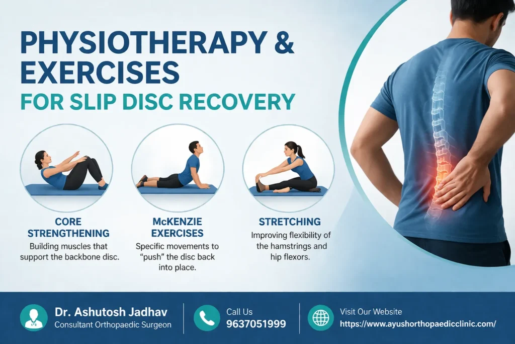 An educational infographic showing physiotherapy exercises for slip disc recovery, including core strengthening, McKenzie exercises, and hamstring stretching.